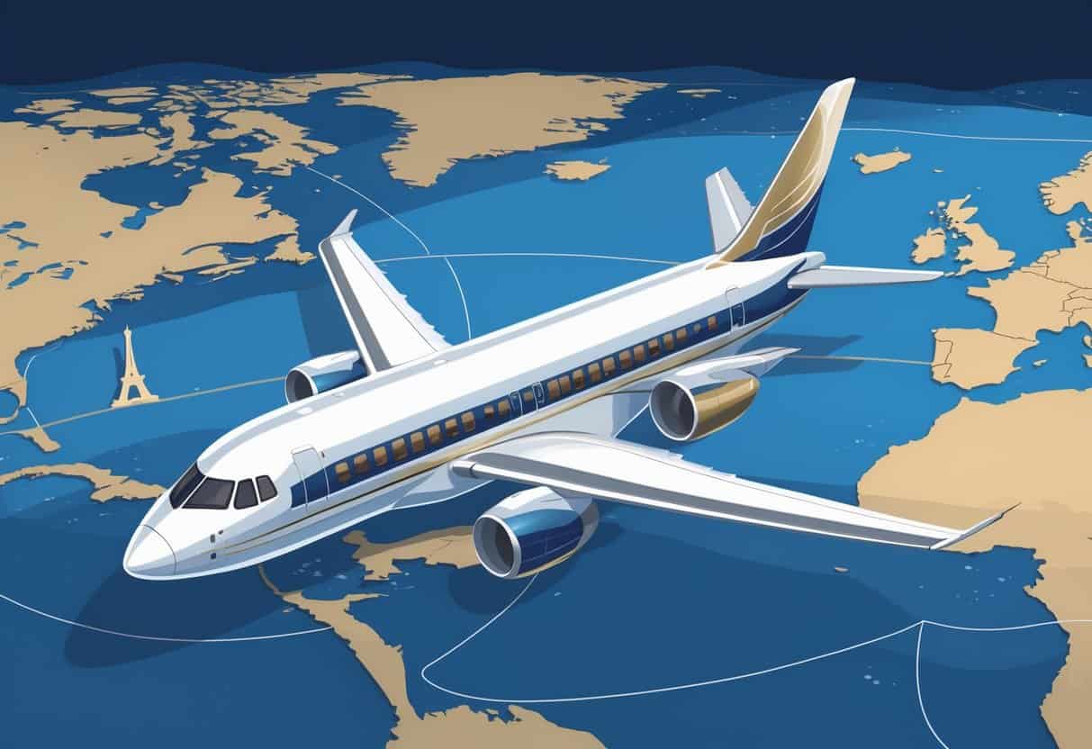 An airplane flying over a map showing Fort Lauderdale and flight routes to European cities with famous landmarks in the distance.