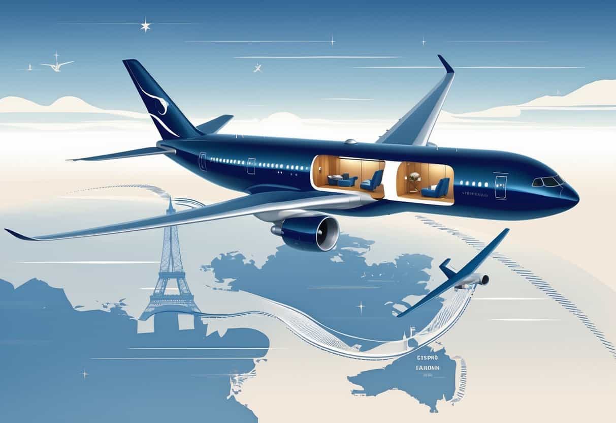 An airplane flying over a map from Fremont, California to Europe with a visible business class cabin and European landmarks in the background.