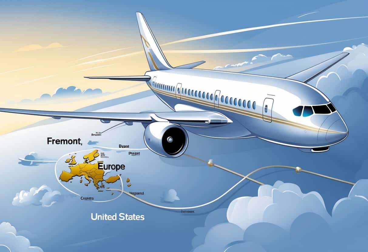 An airplane flying over a map showing flight paths from Fremont, California to major cities in Europe.
