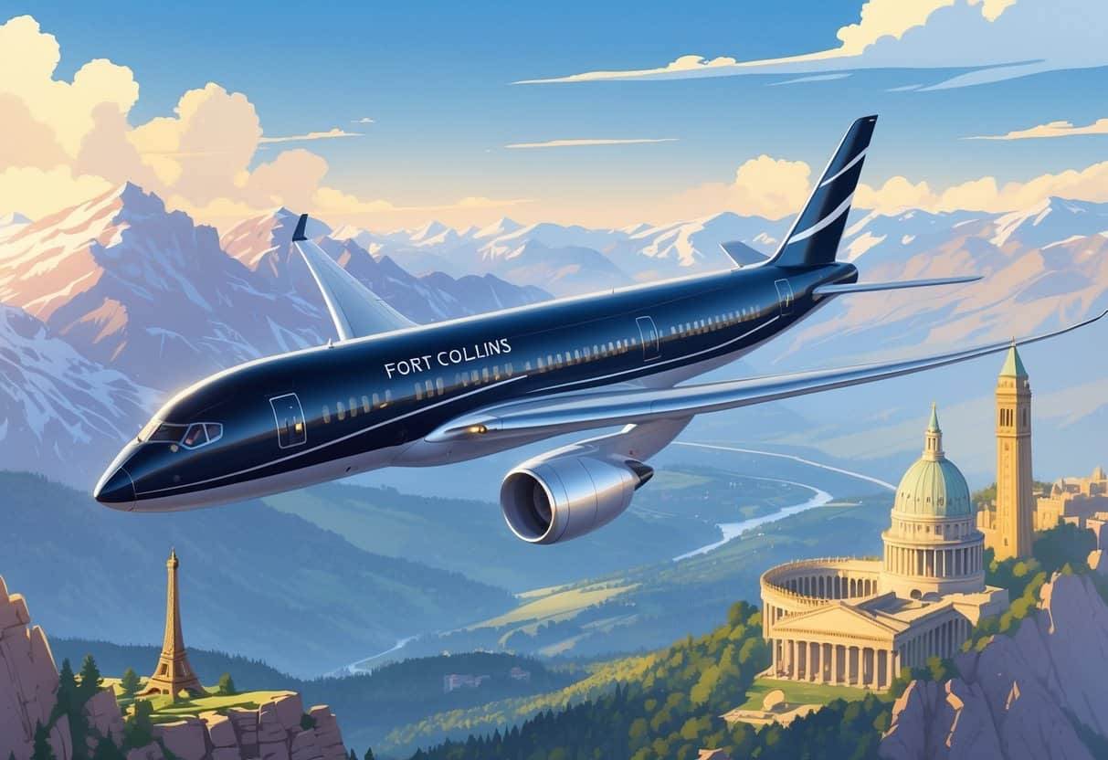 An airplane flying from the Rocky Mountains toward famous European landmarks like the Eiffel Tower, Big Ben, and the Colosseum under a clear sky.