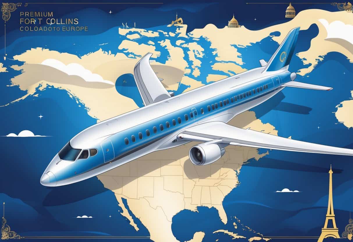 An airplane flying above a map showing a route from Fort Collins, Colorado to major European cities with landmarks in the background.