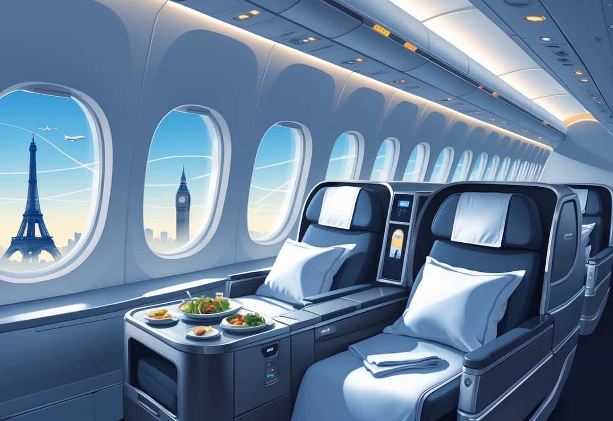 An airplane business class cabin with spacious seats and passengers flying over a map showing routes from Henderson, Nevada to European landmarks.