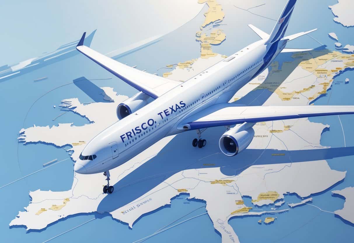 An airplane flying over a map showing Frisco, Texas and major European cities with visible business class seats and European landmarks in the background.