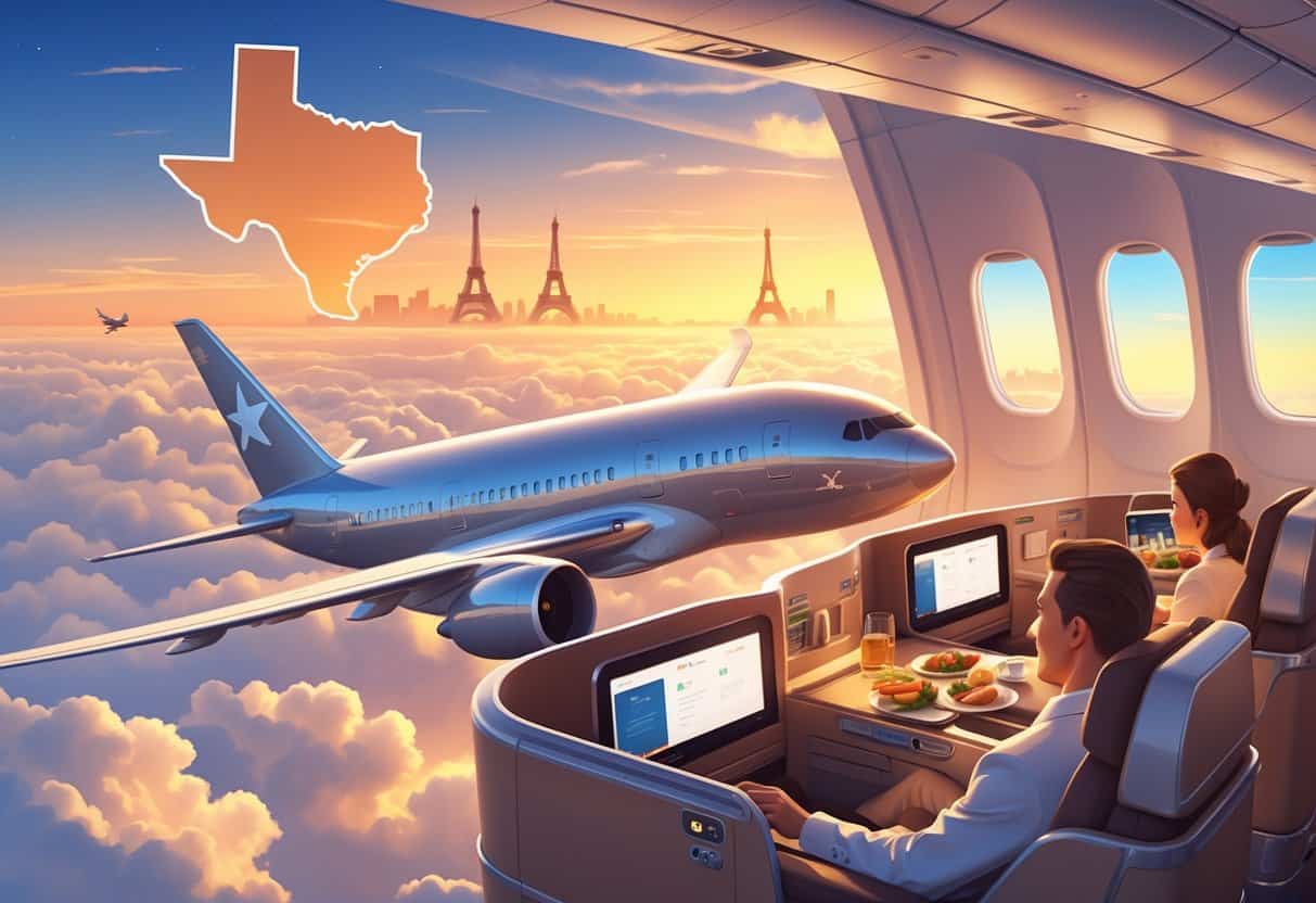 An airplane flying above clouds with European landmarks in the background and passengers seated comfortably inside a business class cabin.