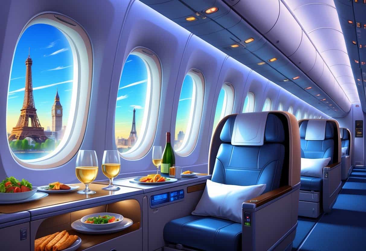 Interior of a business class airplane cabin with comfortable seats and windows showing European landmarks outside.