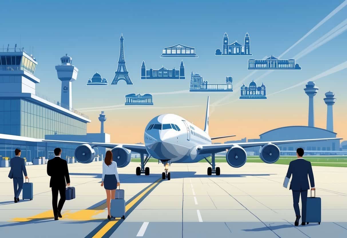 A business class airplane at Fort Wayne airport preparing for a flight with European landmarks visible in the sky above and business travelers walking nearby.