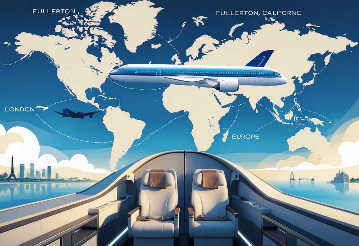 An airplane flying above a map from Fullerton, California to Europe with a business traveler seated comfortably in a luxurious airplane cabin.