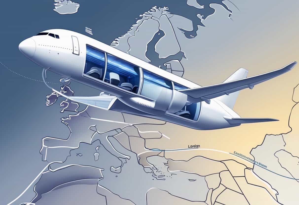 An airplane flying over a map showing a flight route from Fullerton, California to major cities in Europe with a clear sky background.