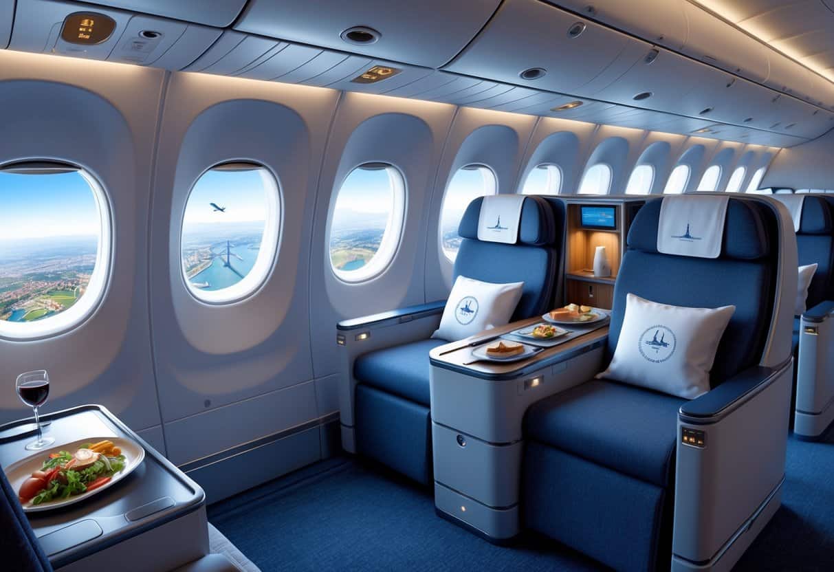 Interior of a business class airplane cabin with comfortable seats and a view of Europe through the windows.