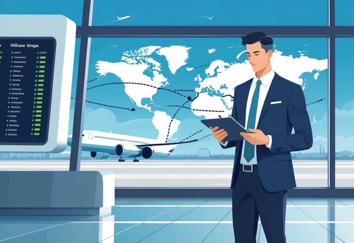 A business traveler reviewing flight options on a tablet in an airport terminal with a flight board and a map showing routes from Hillsboro, Oregon to European cities.
