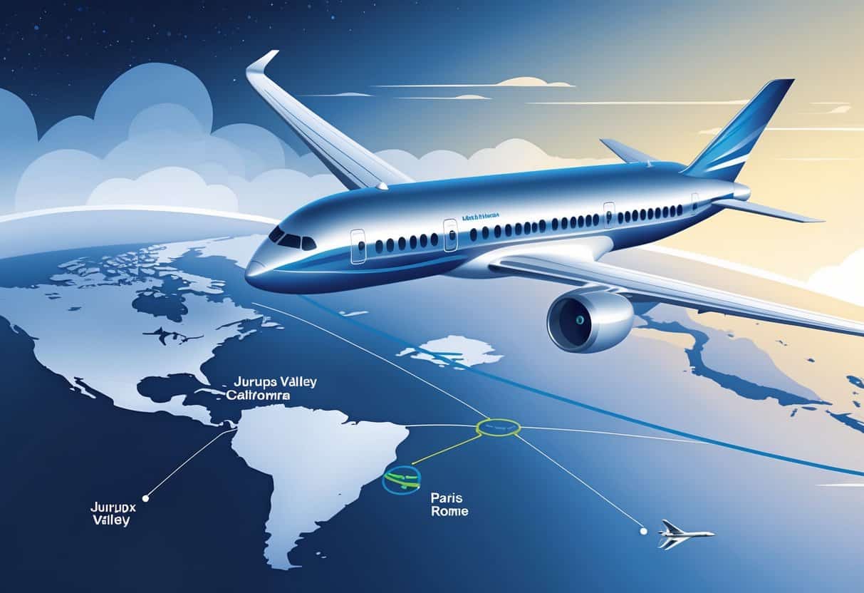 An airplane flying over a map showing a flight route from Jurupa Valley, California, to several cities in Europe.