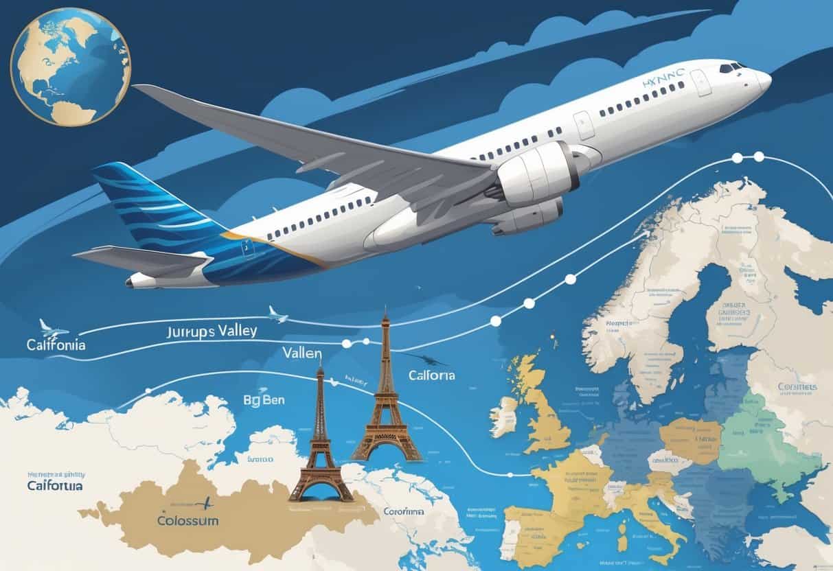 An airplane flying over a map from Jurupa Valley, California to Europe with European landmarks visible on the map.