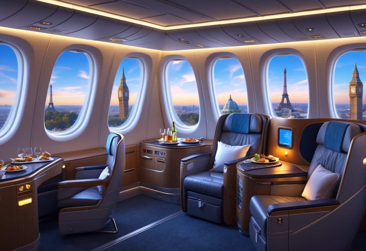 Inside a luxurious business class airplane cabin with comfortable seats and a view of European landmarks through the windows.
