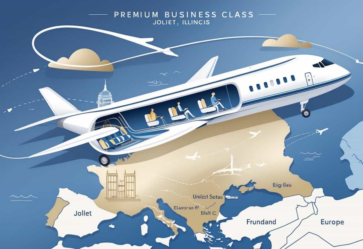 An airplane flying over a map connecting Joliet, Illinois to major cities in Europe, with a view of a luxurious business class cabin and landmarks from both locations in the background.