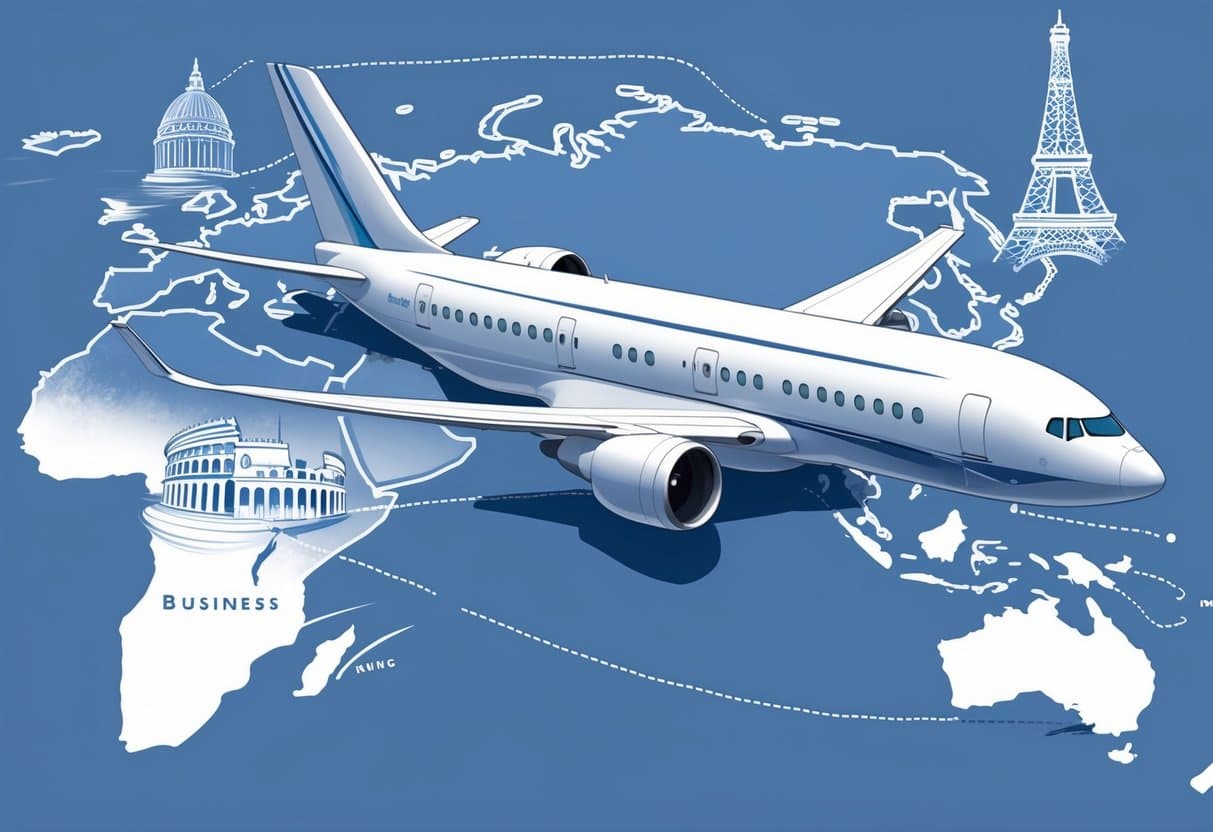 An airplane flying over a map showing a flight path from Joliet, Illinois to several European cities with landmarks like the Eiffel Tower and Big Ben visible.