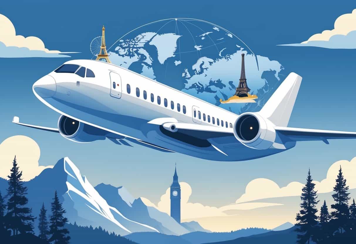 An airplane flying over mountains with European landmarks in the distance, representing business class travel from Lakewood, Colorado to Europe.