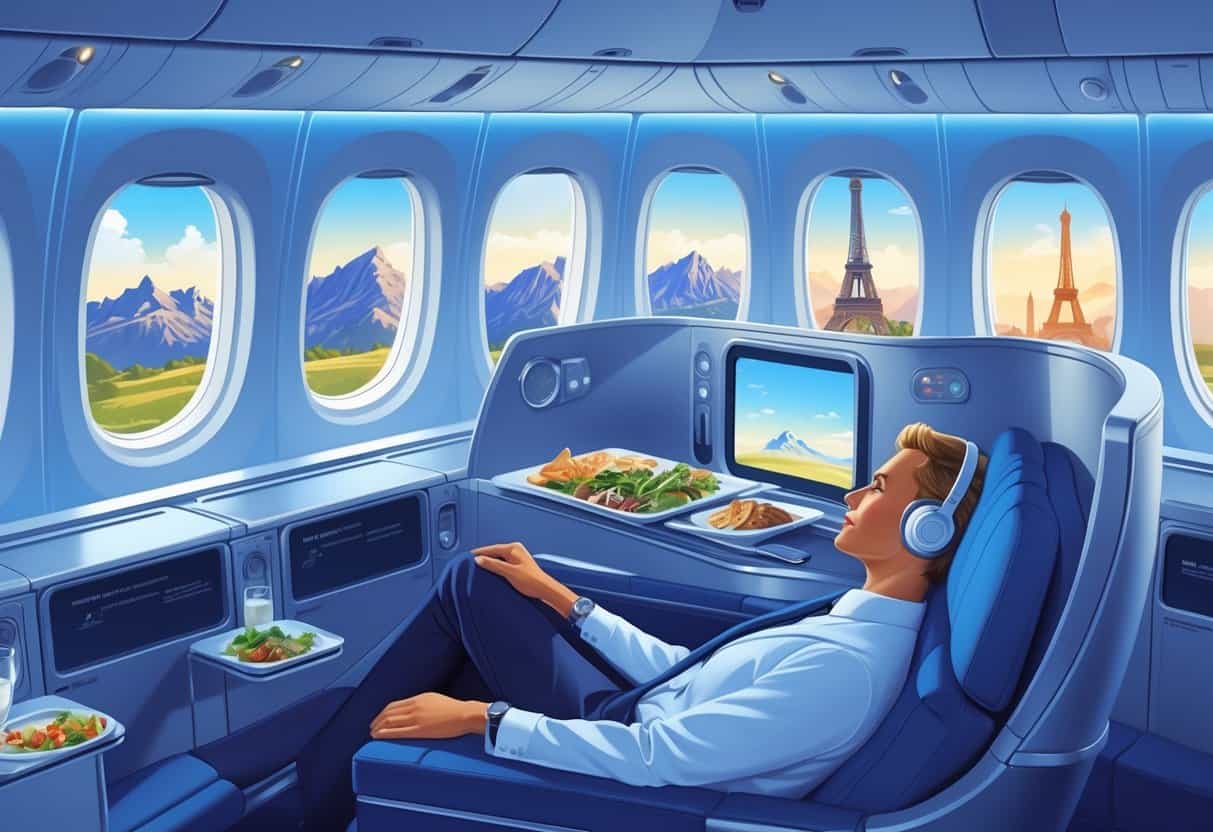 Interior of a luxurious business class airplane cabin with comfortable seats, a flight attendant serving a passenger, and views of mountains and European landmarks through the windows.