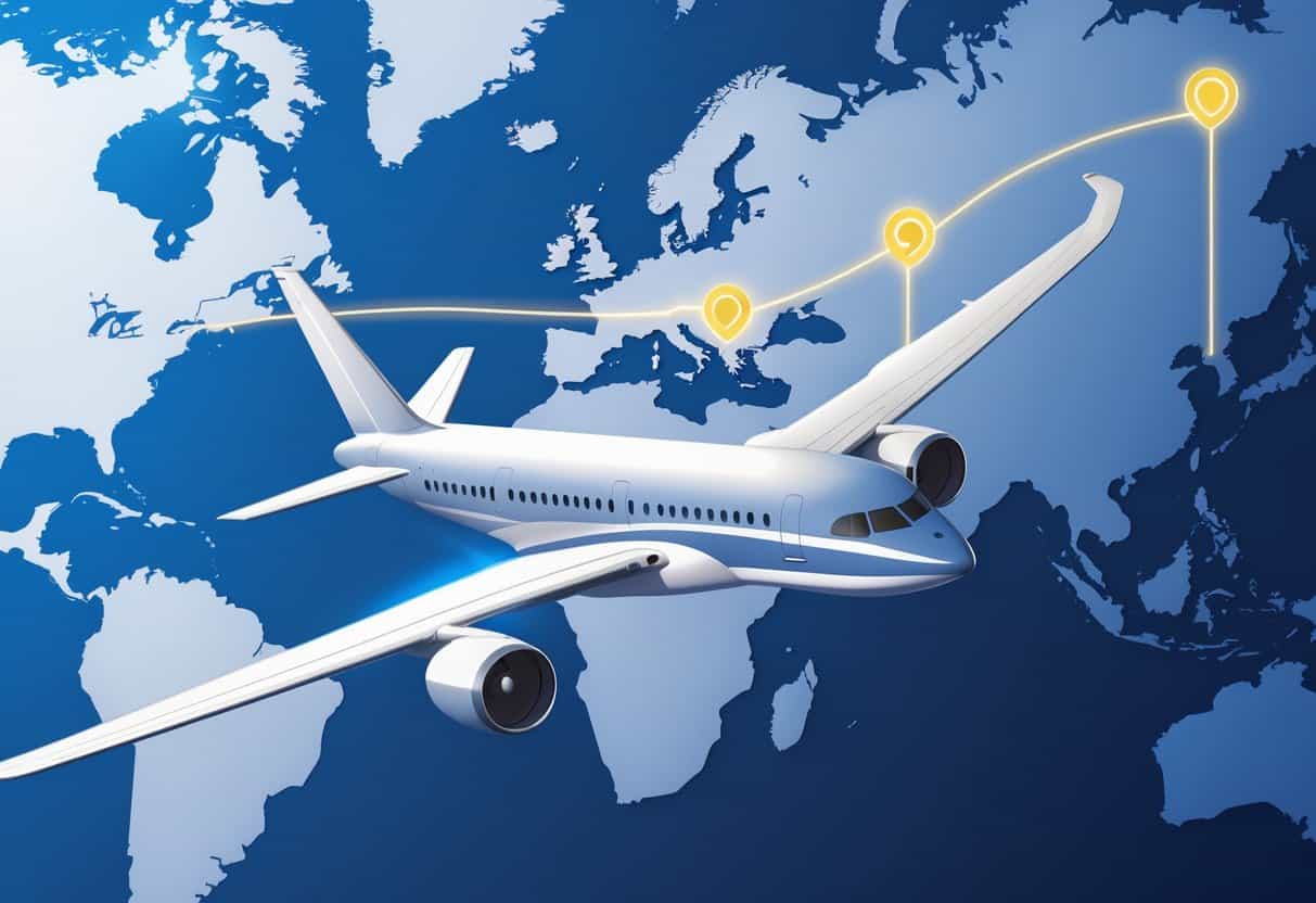 An airplane flying above a map showing a flight route from Montgomery, Alabama to several cities in Europe.