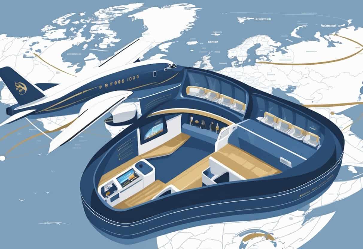 An airplane flying over a map showing a route from Lansing, Michigan to Europe, with visible business class seats and passengers inside.