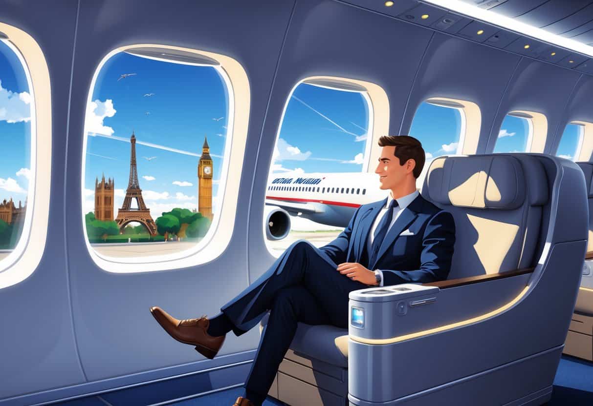 A business traveler seated comfortably in a spacious airplane cabin with a view of European landmarks through the windows, and an airplane preparing for departure at an airport.
