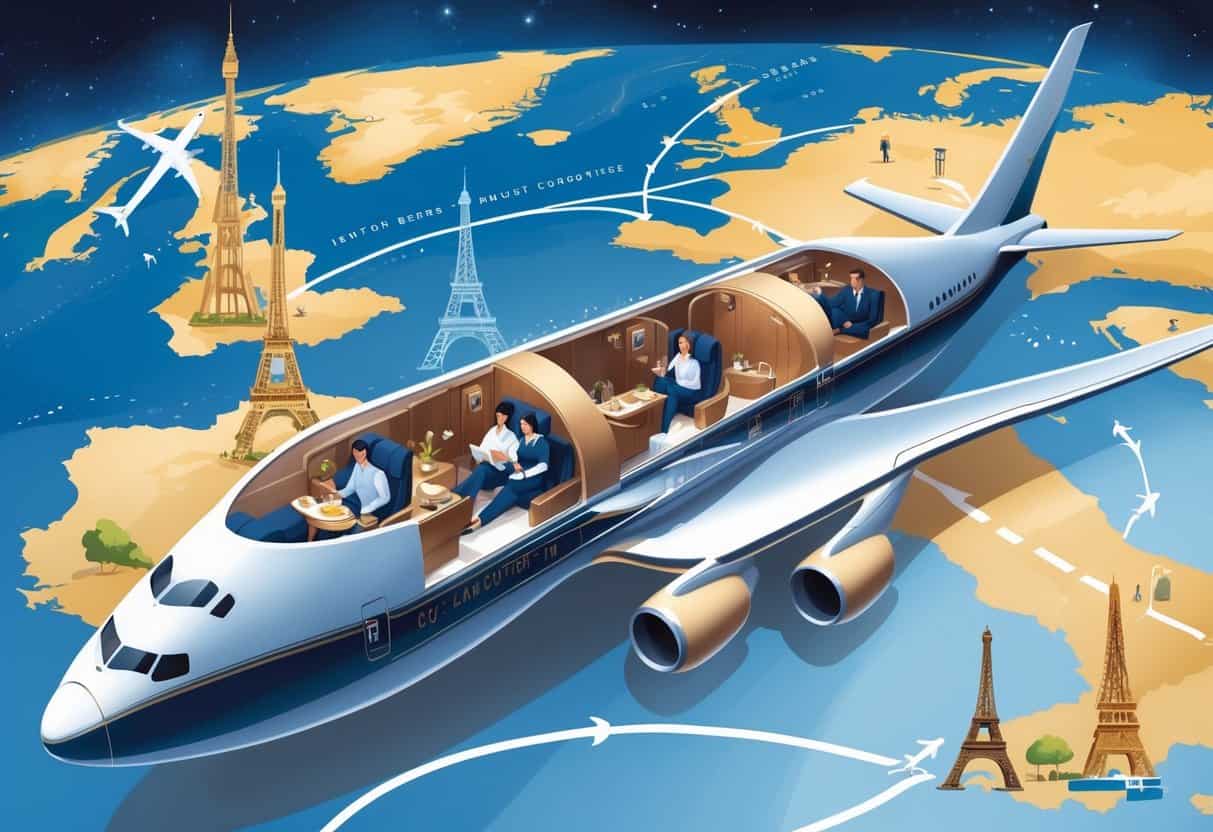 An airplane flying over a map showing a flight route from Kansas City to Europe, with visible business class seats and European landmarks in the background.