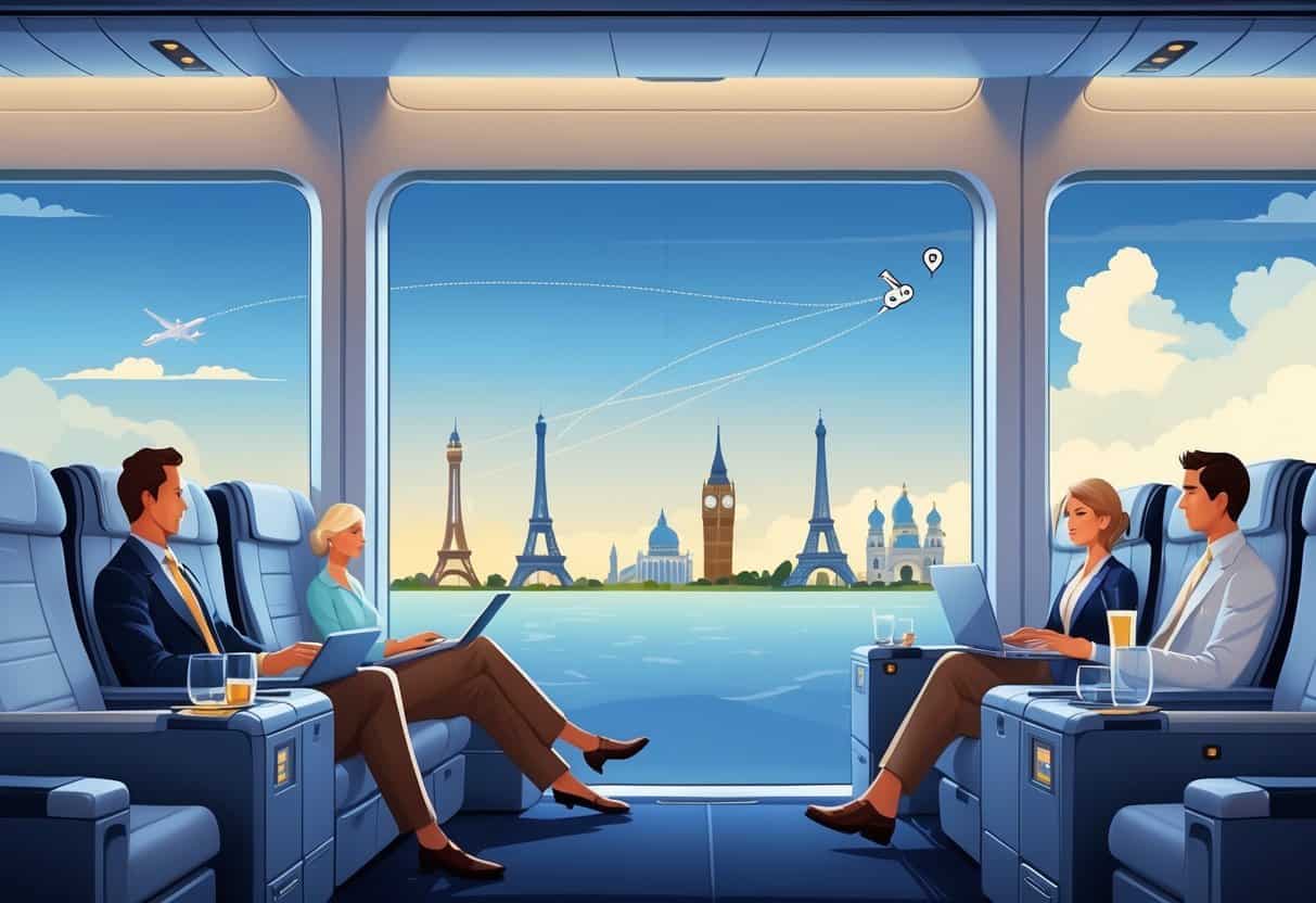 An airplane business class cabin with passengers and a flight path from Kansas City to famous European landmarks visible through the window.