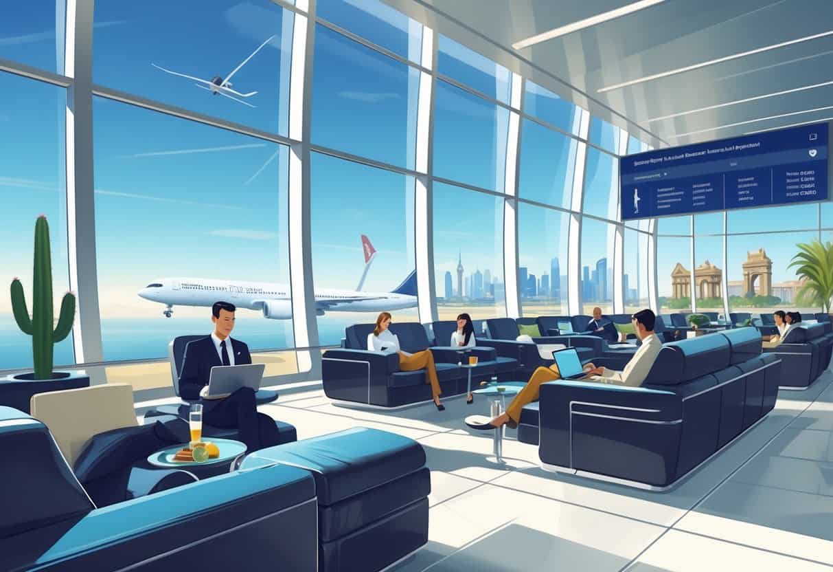 A bright airport lounge with travelers relaxing in comfortable seats, large windows showing an airplane and famous European landmarks in the distance.