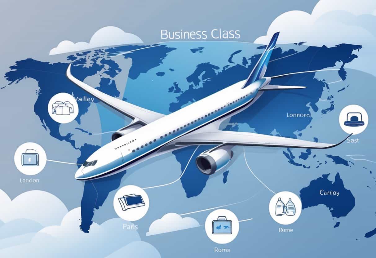 An airplane flying over a map showing Moreno Valley in California and major cities in Europe, with icons representing business class amenities.