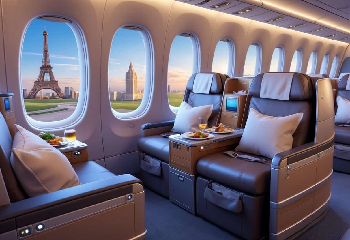 Interior of a business class airplane cabin with comfortable seats and passengers enjoying amenities, with a view of European landmarks through the windows and an airplane taking off over a Texas landscape.