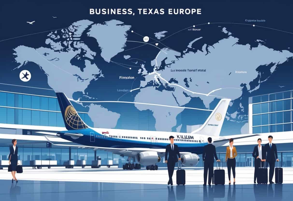 An airport scene showing a business class airplane preparing for a flight from Killeen, Texas to Europe, with travelers boarding and a map highlighting the route to major European cities.