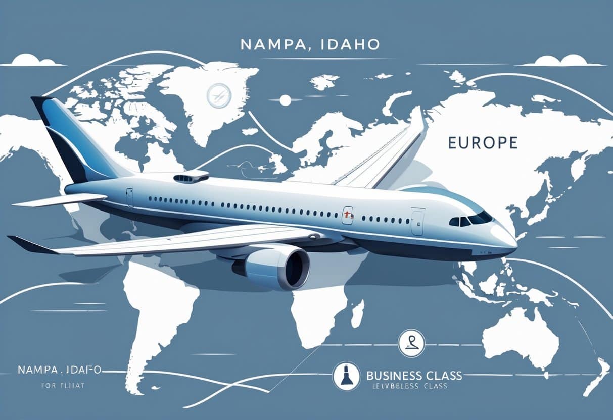 An airplane flying over a map showing a route from Nampa, Idaho to Europe, highlighting business class travel features.