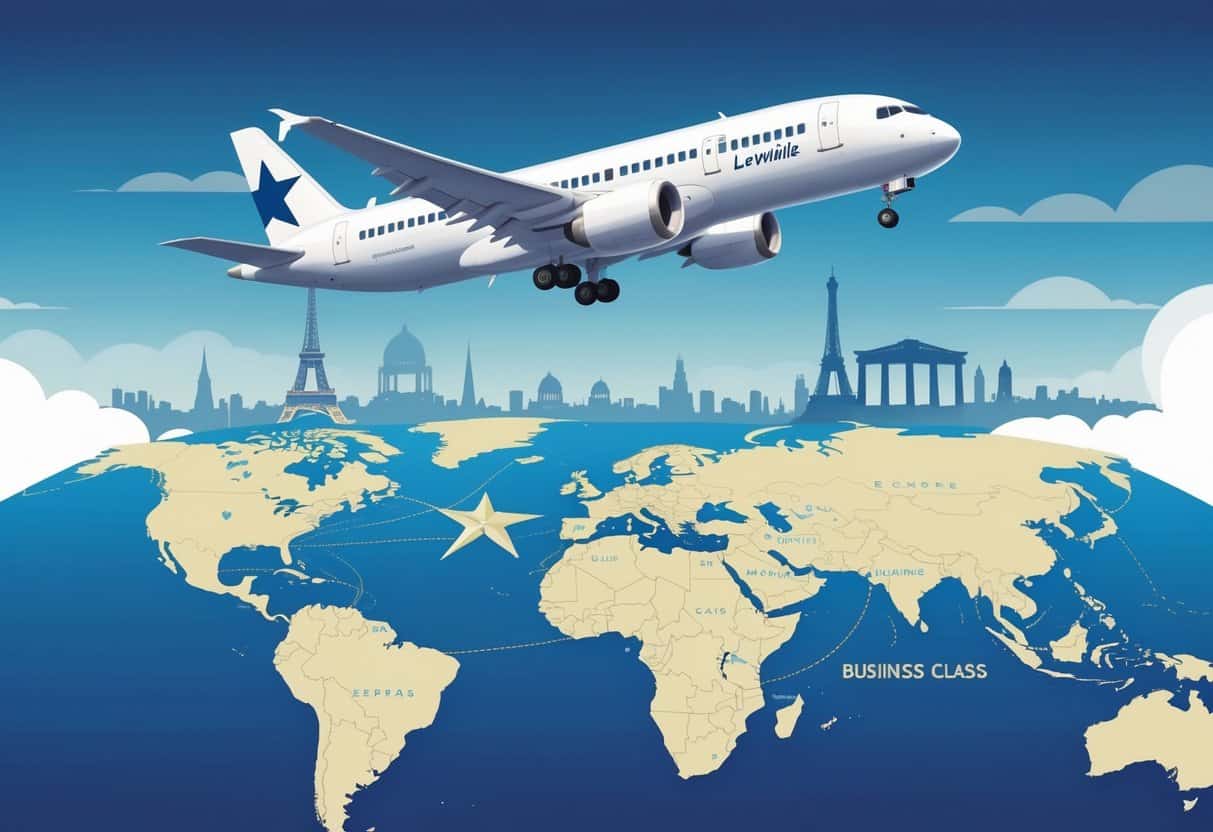 An airplane flying over a map showing a flight route from Lewisville, Texas to Europe with European landmarks visible below.