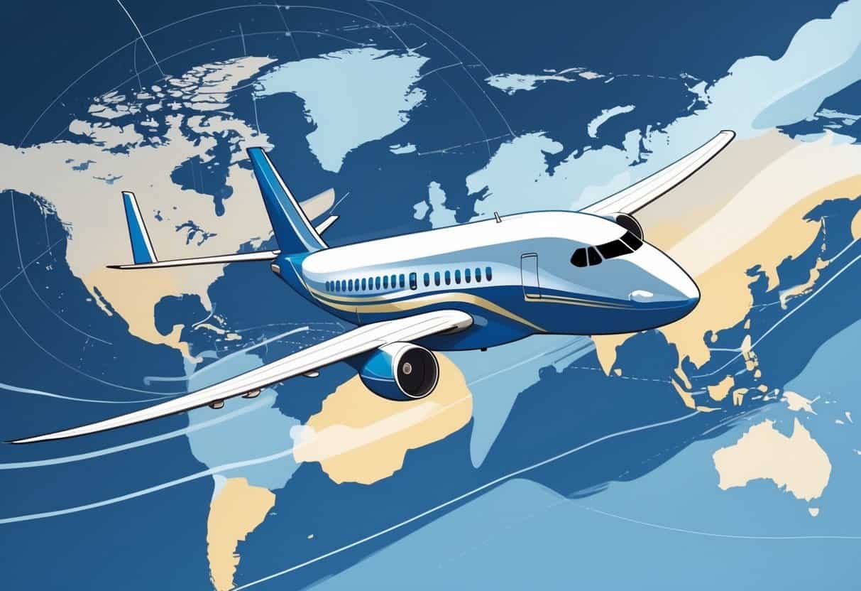 An airplane flying over a map showing a route from Lakeland, Florida to Europe, highlighting business class air travel.