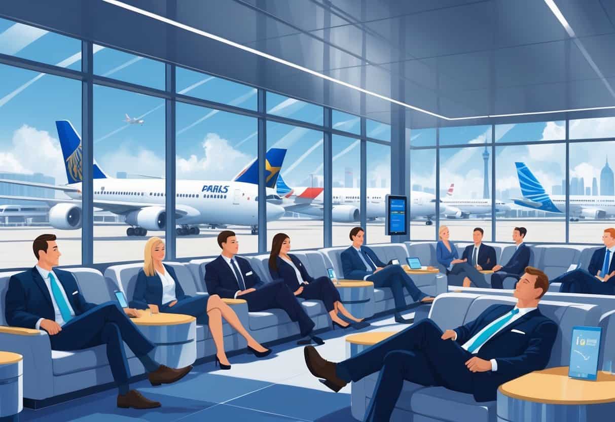 A modern airport lounge with business travelers seated comfortably and airplanes visible outside, with European landmarks faintly seen in the distance.