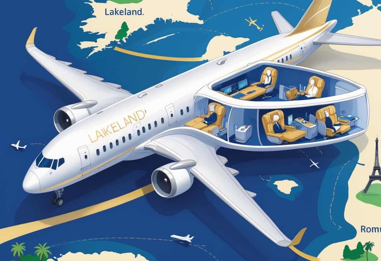 An airplane flying over a map from Lakeland, Florida to Europe with visible business class seating and iconic European landmarks in the background.