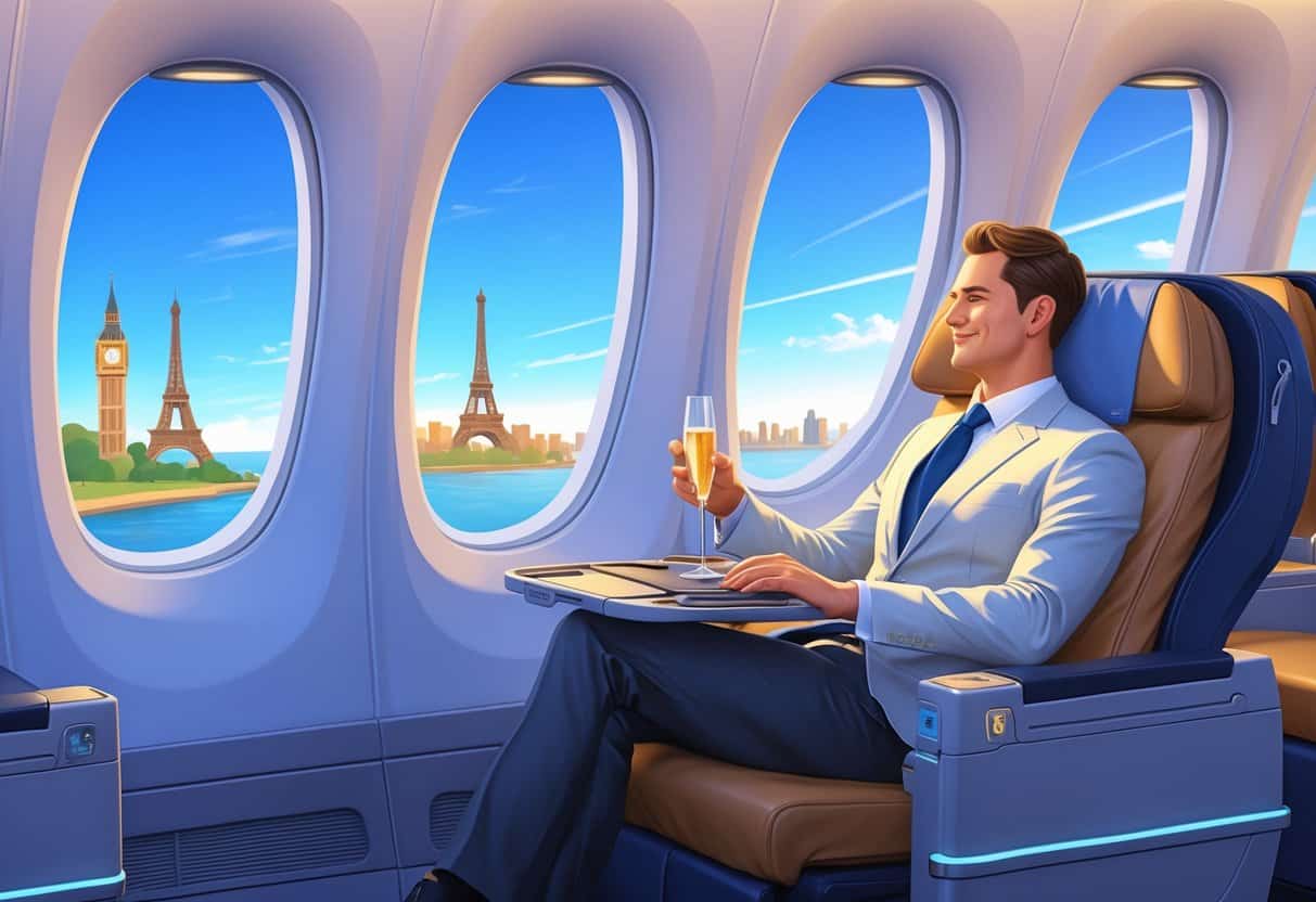 Interior of a business class airplane cabin with spacious seats, a traveler relaxing with a drink and laptop, and European landmarks visible through the windows.