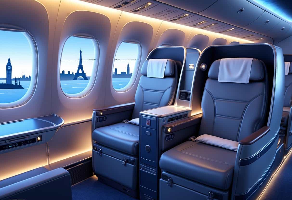 Interior view of a business class airplane cabin with comfortable seats and a window showing a flight path from New Bedford to major European landmarks.