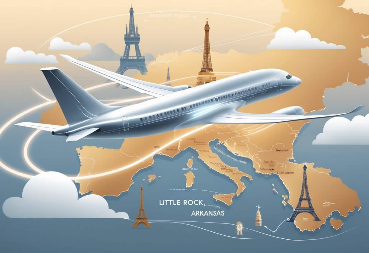 An airplane flying above a map showing a route from Little Rock, Arkansas to Europe with European landmarks in the background.