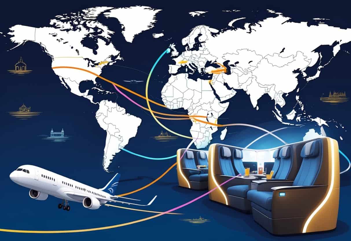A map showing flight routes from Little Rock, Arkansas to several European cities with an airplane flying and a business class cabin in the foreground.
