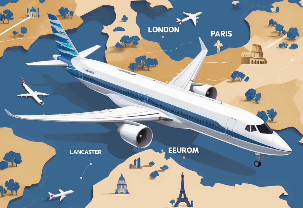 An airplane flying over a map from Lancaster, California to Europe with landmarks like the Eiffel Tower and Big Ben, showing business class passengers inside the plane.