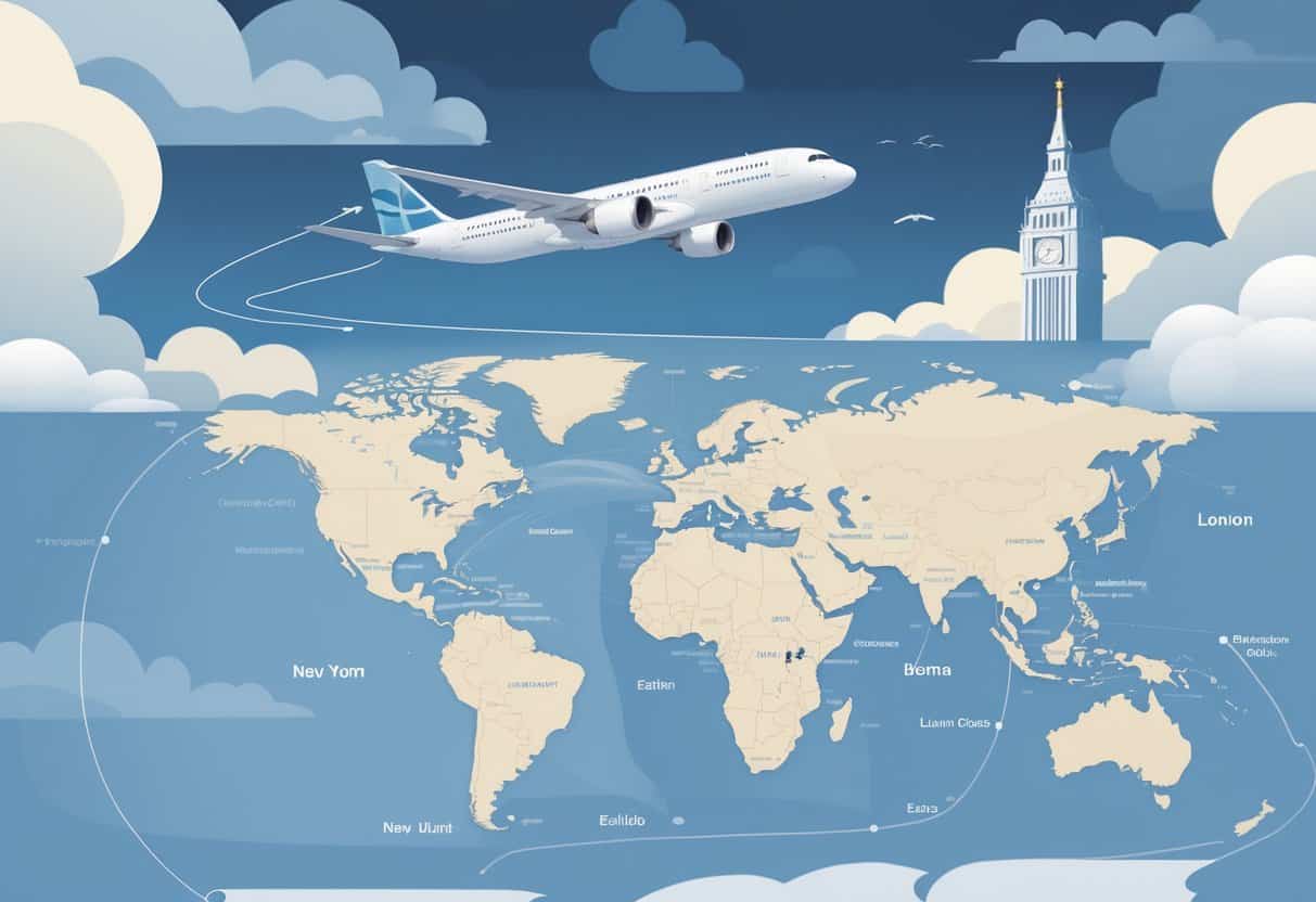 An airplane flying above a map showing a route from New York City to major European cities with city landmarks visible on both sides.