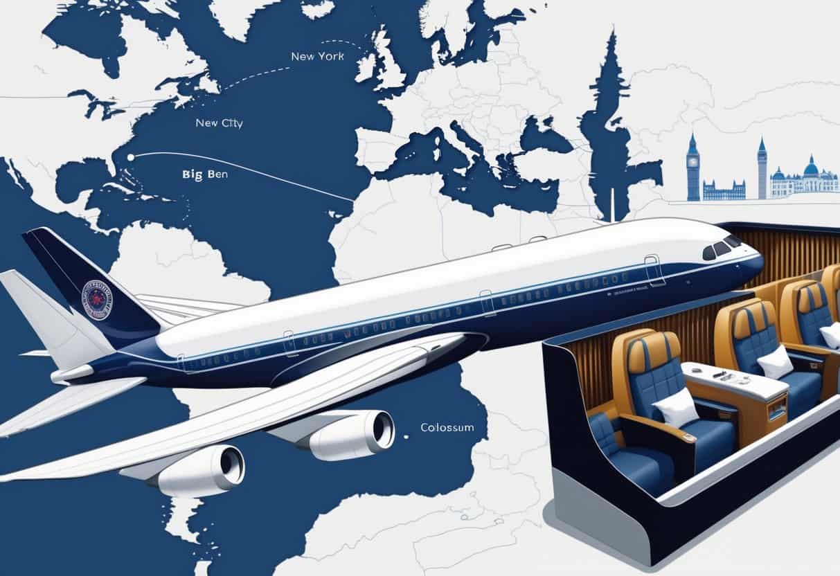 An airplane flying from New York City to Europe with European landmarks and a map in the background, showing a luxurious business class cabin interior.