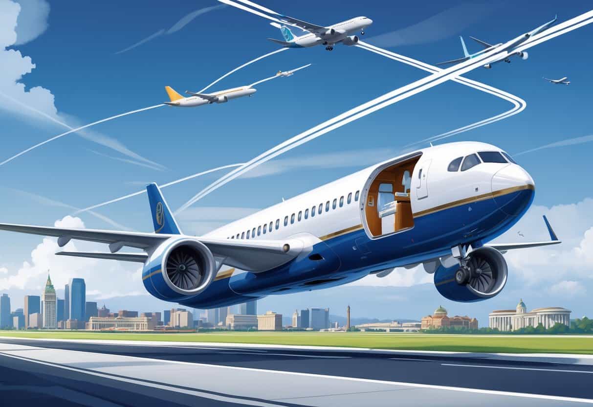 An airplane taking off from Louisville with flight paths connecting to famous European landmarks in the sky.