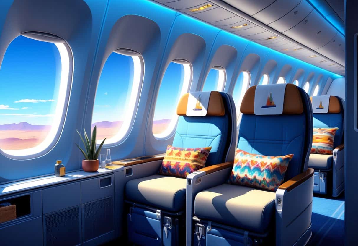 A spacious and comfortable business class airplane cabin with a window showing a distant view of Europe under a clear sky.