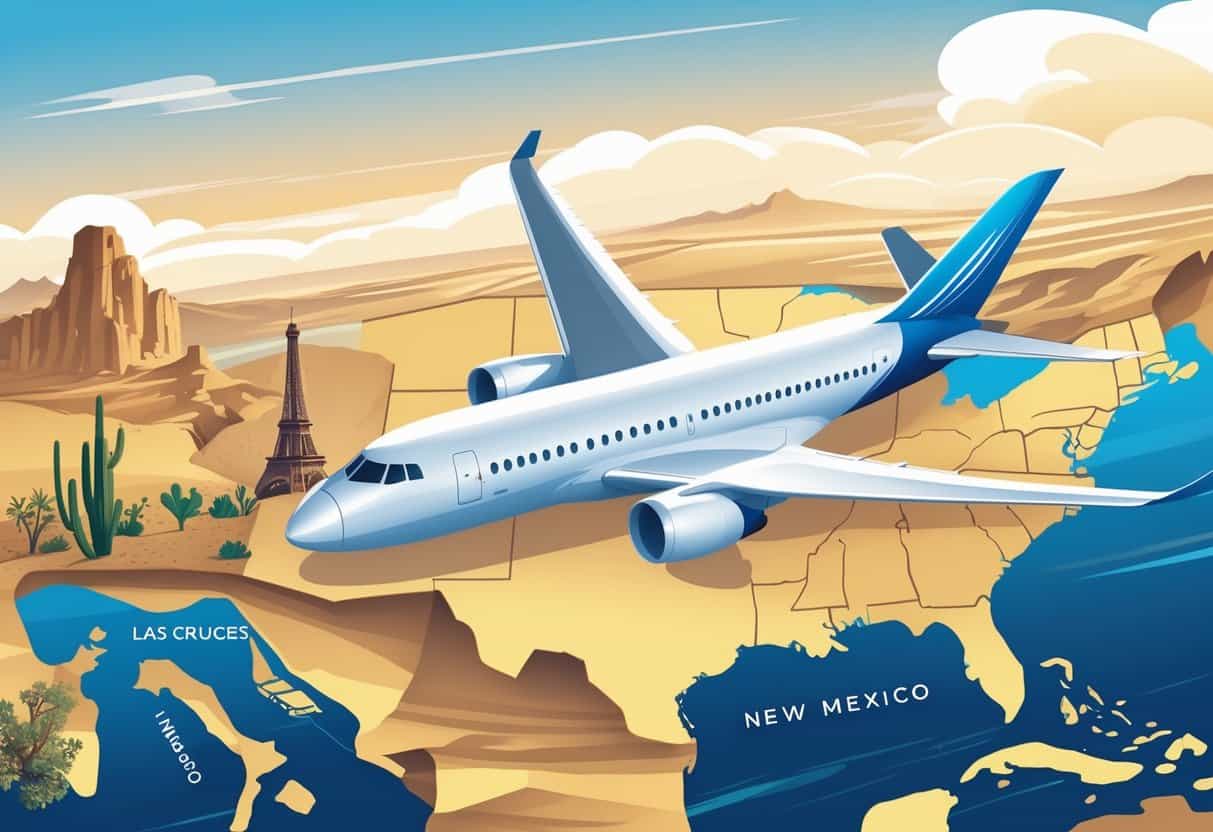 An airplane flying over a map showing Las Cruces, New Mexico and European cities with landmarks in the background.