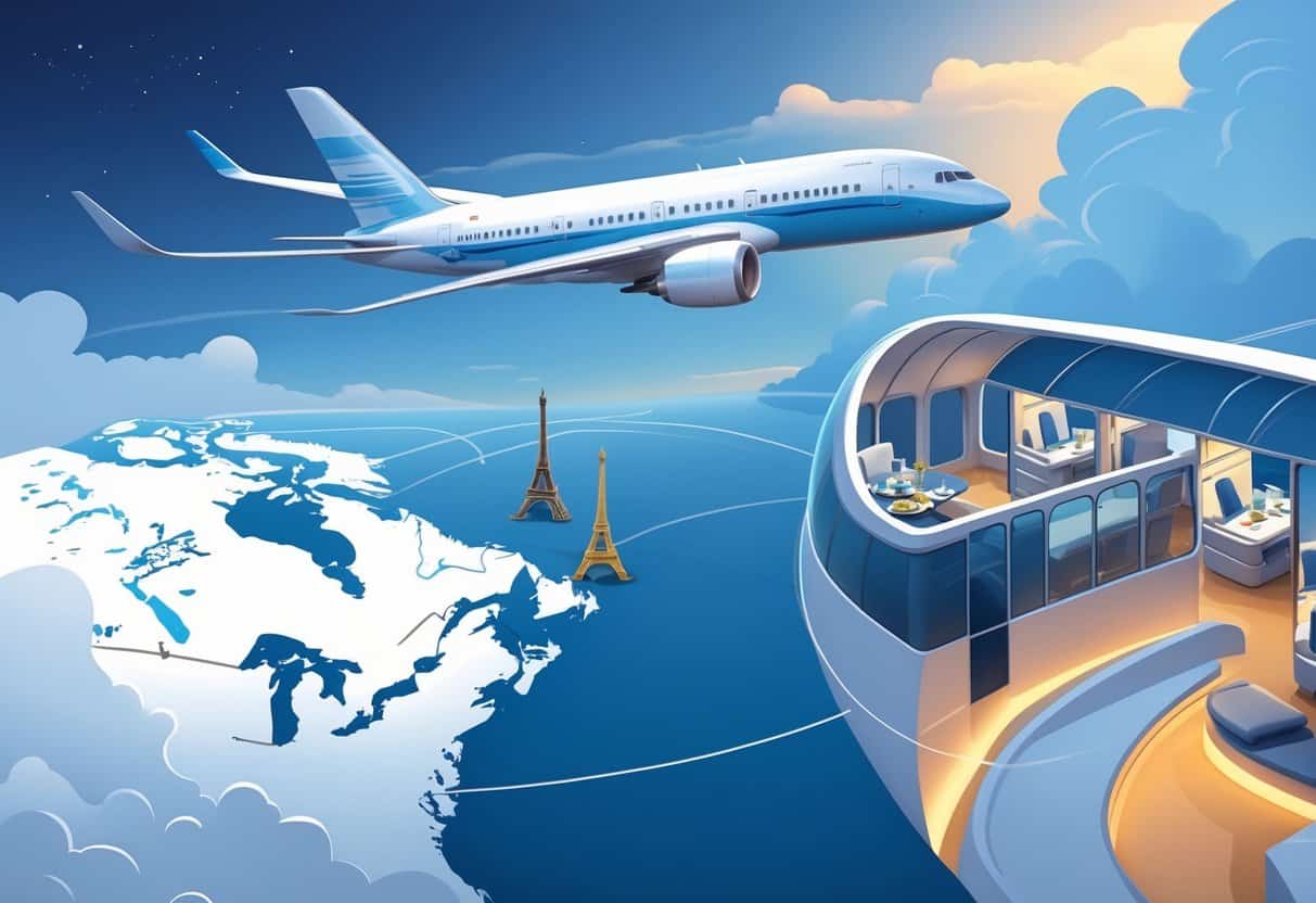 An airplane flying from Lynn, Massachusetts over the Atlantic Ocean towards Europe with visible European landmarks and a view of a spacious business class cabin inside the plane.