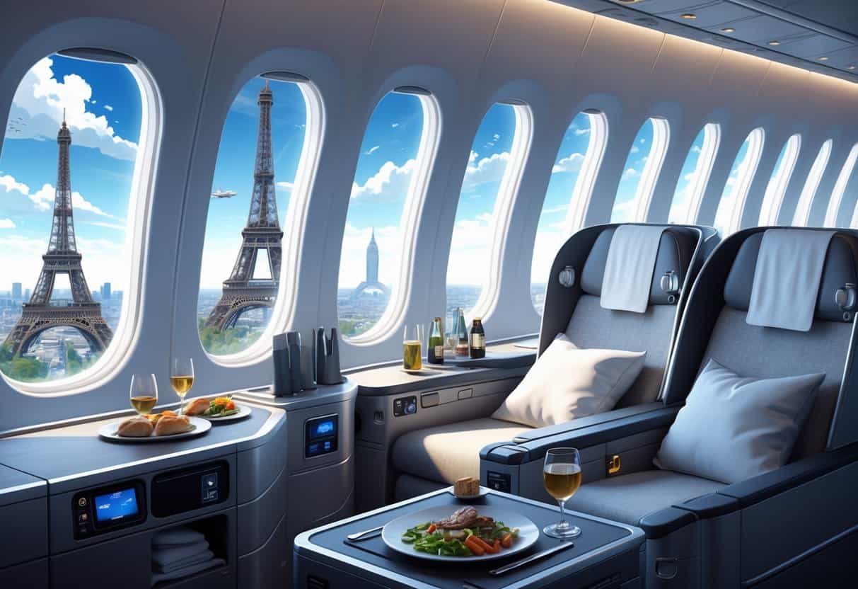 An airplane business class cabin with spacious seats and large windows showing a view of famous European landmarks in the sky.