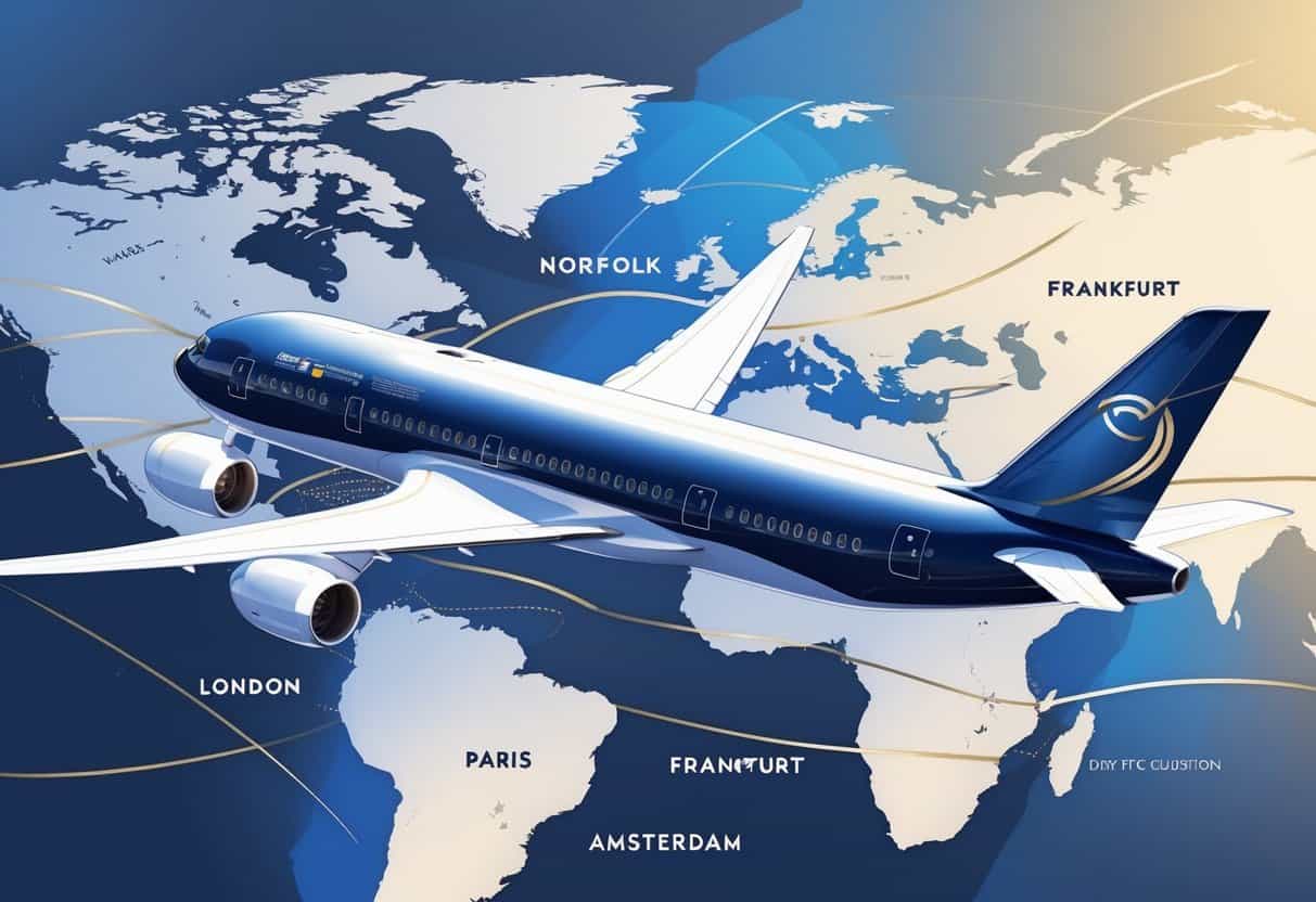 An airplane flying over a map showing flight routes from Norfolk, Virginia to several European cities.