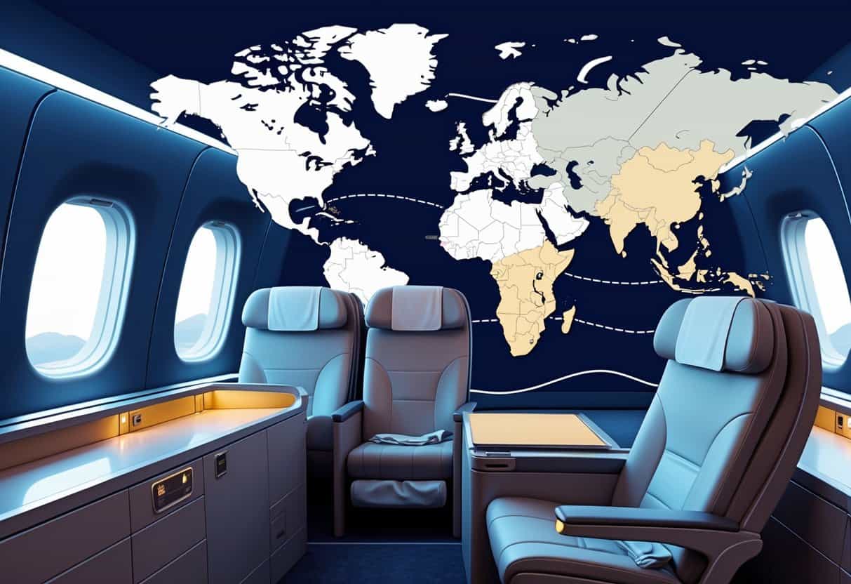An airplane cabin with comfortable business class seats and a map showing a flight route from Lee's Summit, Missouri to Europe with famous landmarks.