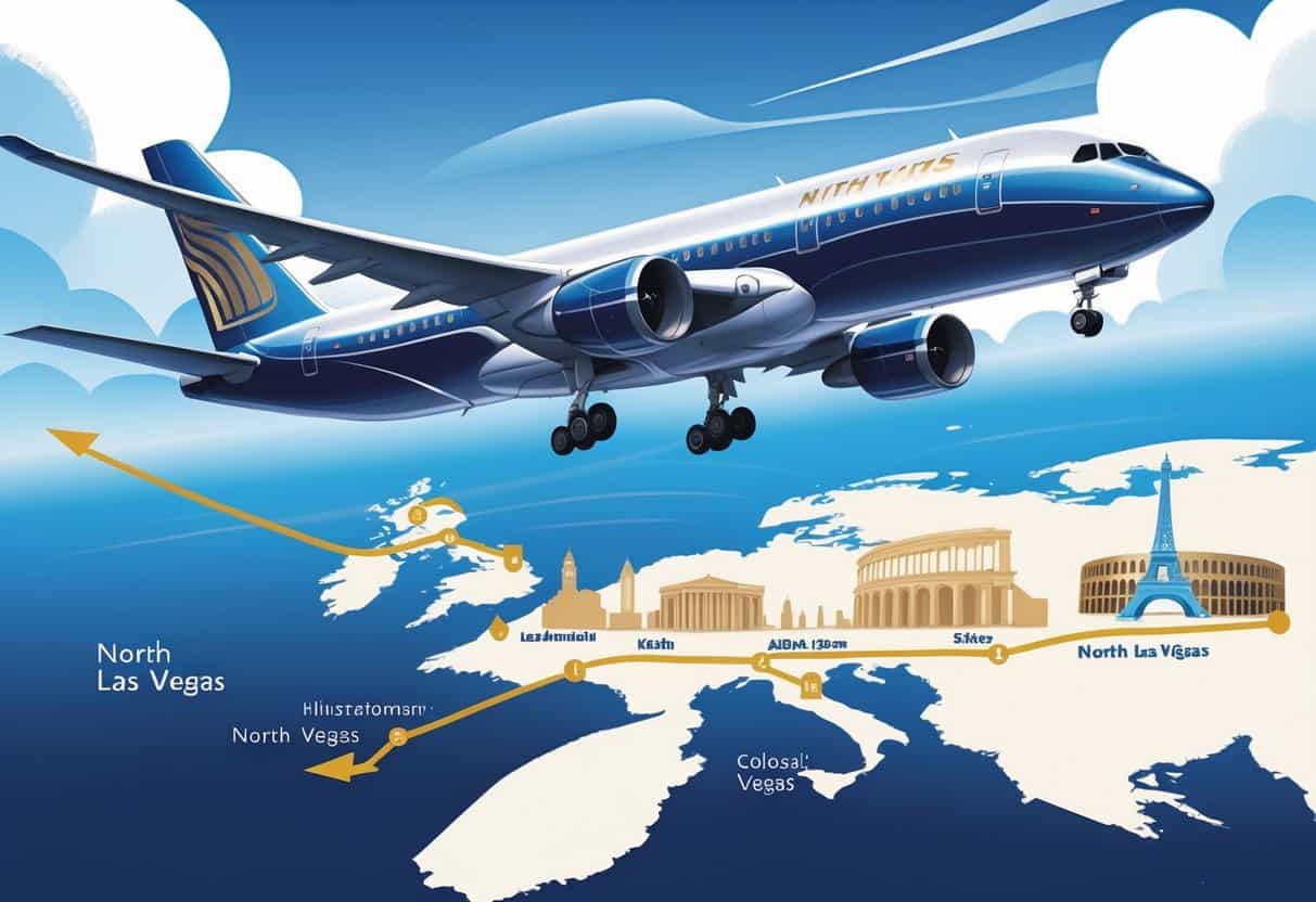 An airplane flying above a map showing a route from North Las Vegas to major European cities with recognizable landmarks.
